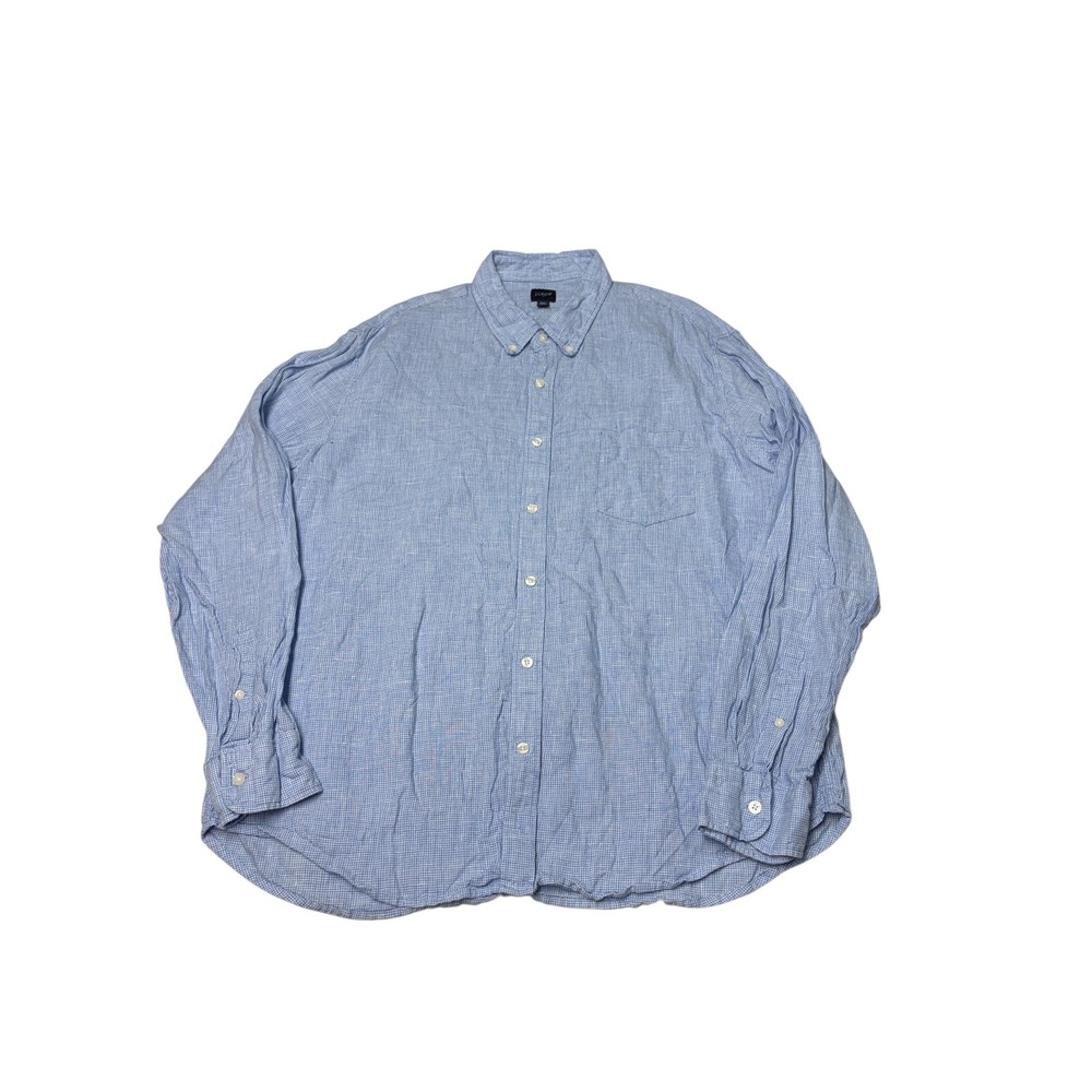 J.Crew Mens XXL Blue White Linen Cotton Houndstooth Button Down Shirt AL179